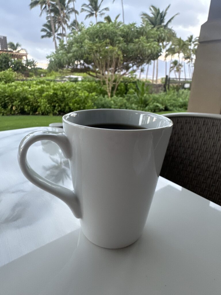 morning coffee with the palm trees and beach in the distance